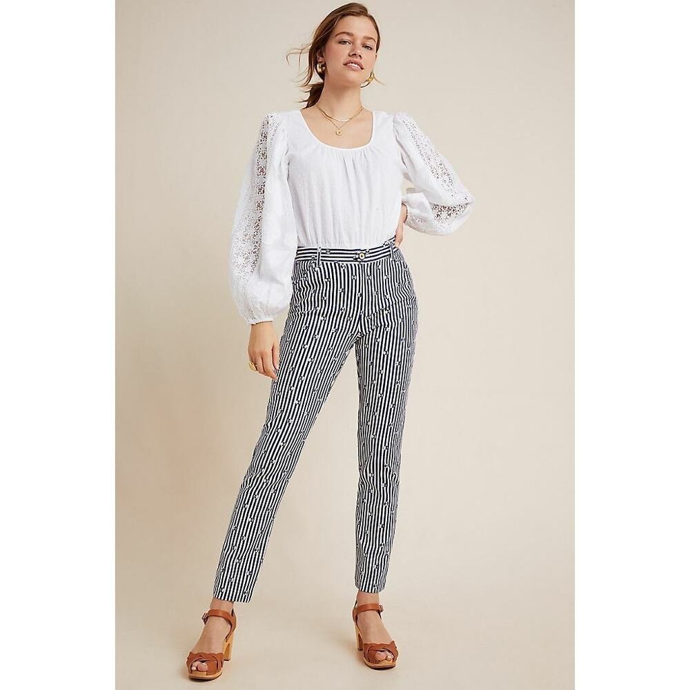 ANTHROPOLOGIE Pants ESSENTIAL‎ SLIM Stripe Blue White Stretch Crop Sz:0 Ret$118